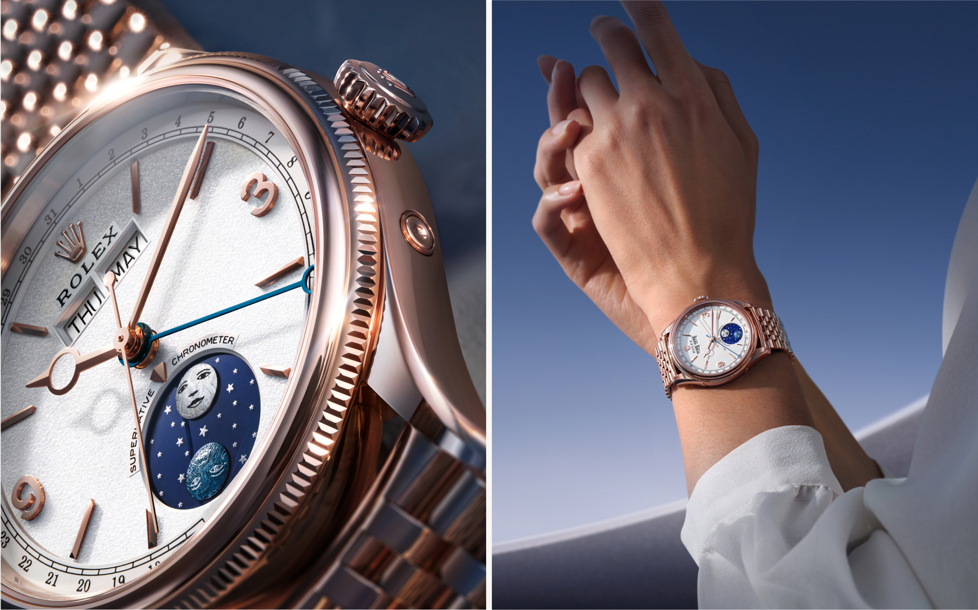 Rolex Perpetual Padellone in Everose-Gold — Zifferblatt mit Mondphasenscheibe auf der 6-Uhr-Position
