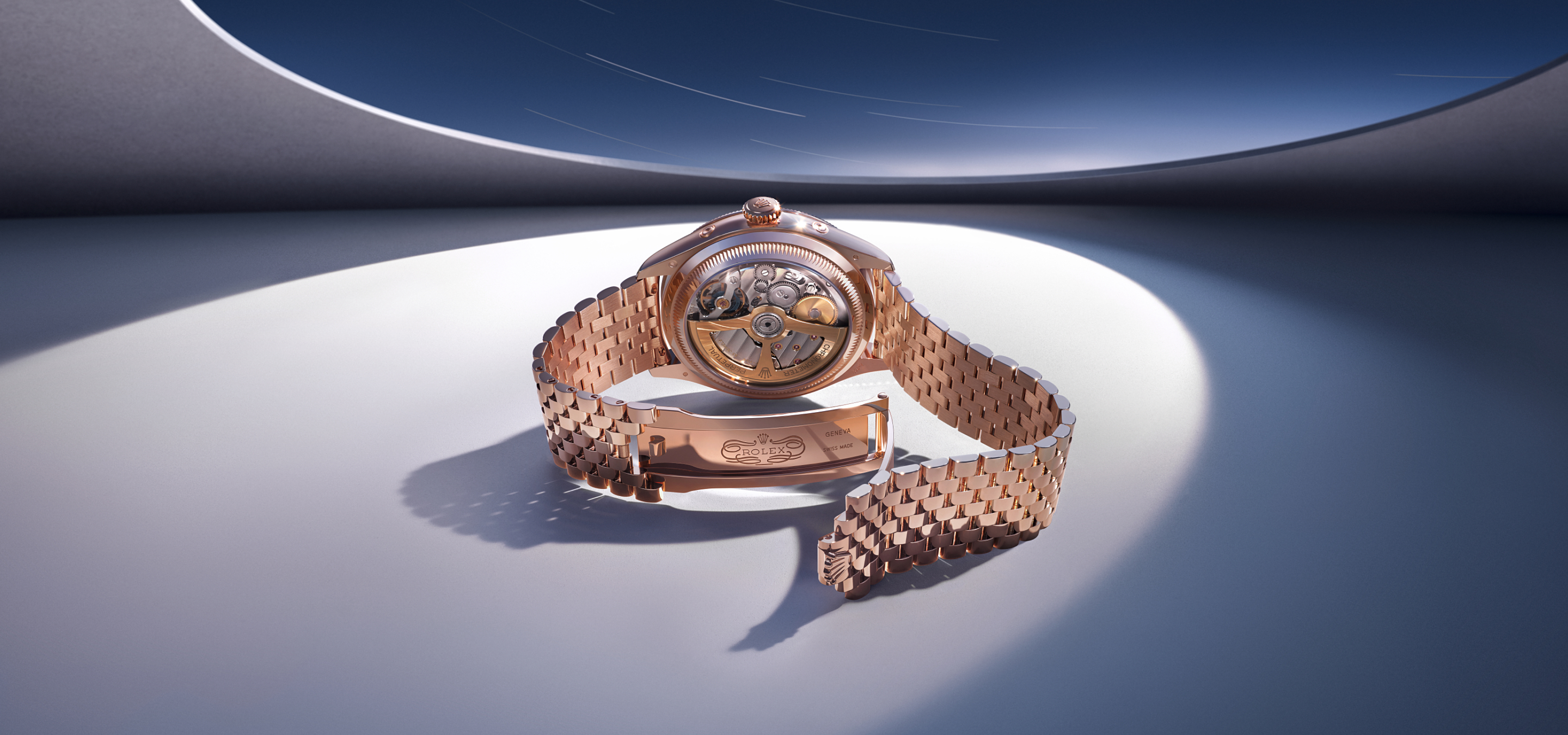 Rolex Perpetual Padellone — transparenter Gehäuseboden mit Blick auf das Kaliber 7190