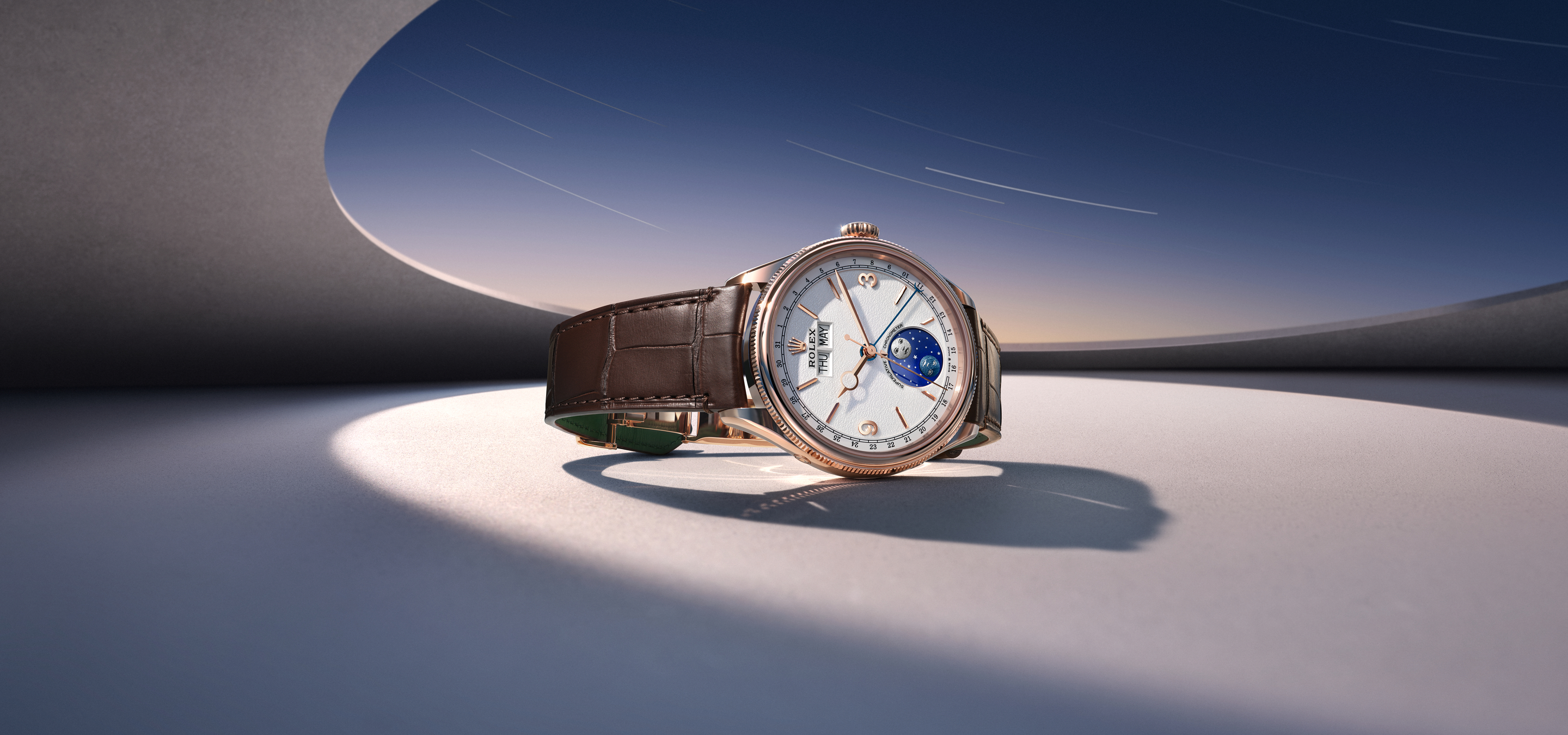 Rolex Perpetual Padellone in Everose-Gold mit mattbraunem Alligatorlederband
