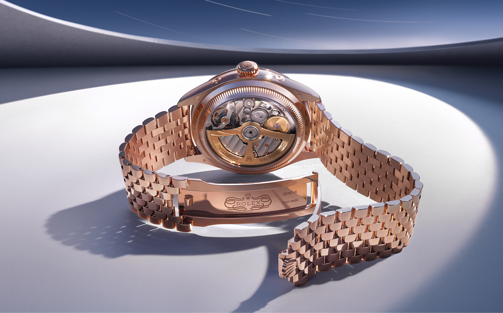 Rolex Perpetual Padellone in Everose-Gold — siebenreihiges Settimo-Band mit verdeckter Crownclasp-Schließe