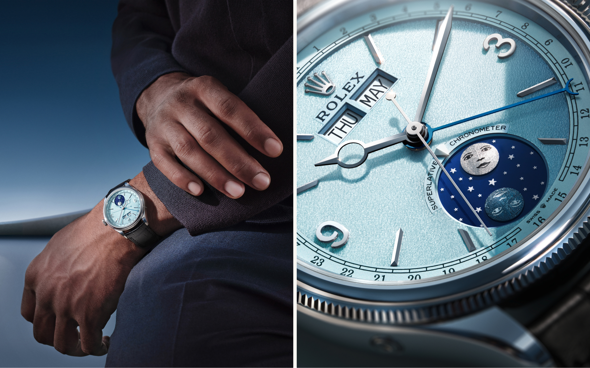 Rolex Perpetual Padellone in Platin — blau emaillierte Mondphasenscheibe mit Meteorit-Monden