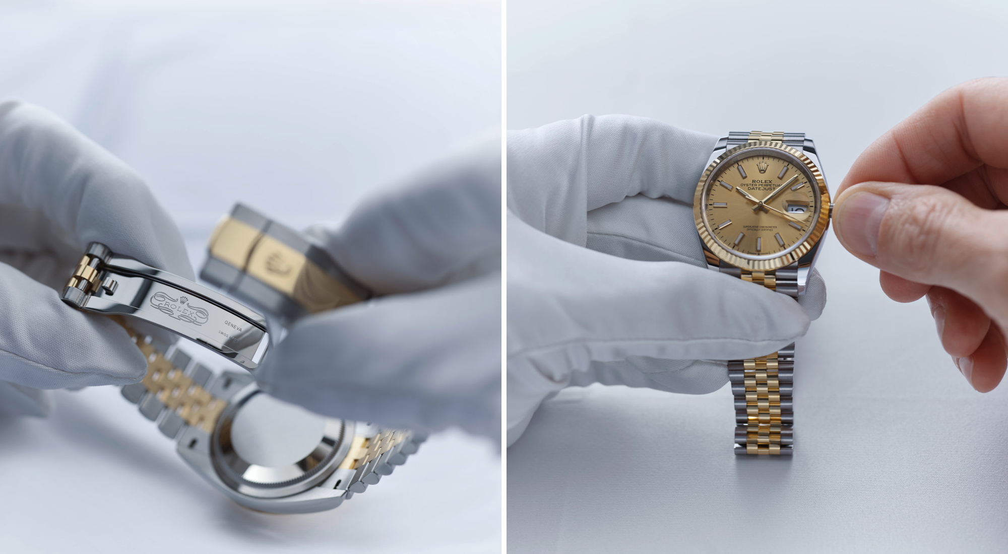 Endkontrolle einer Rolex mit weißen Handschuhen — Prüfung von Armband und Schließe