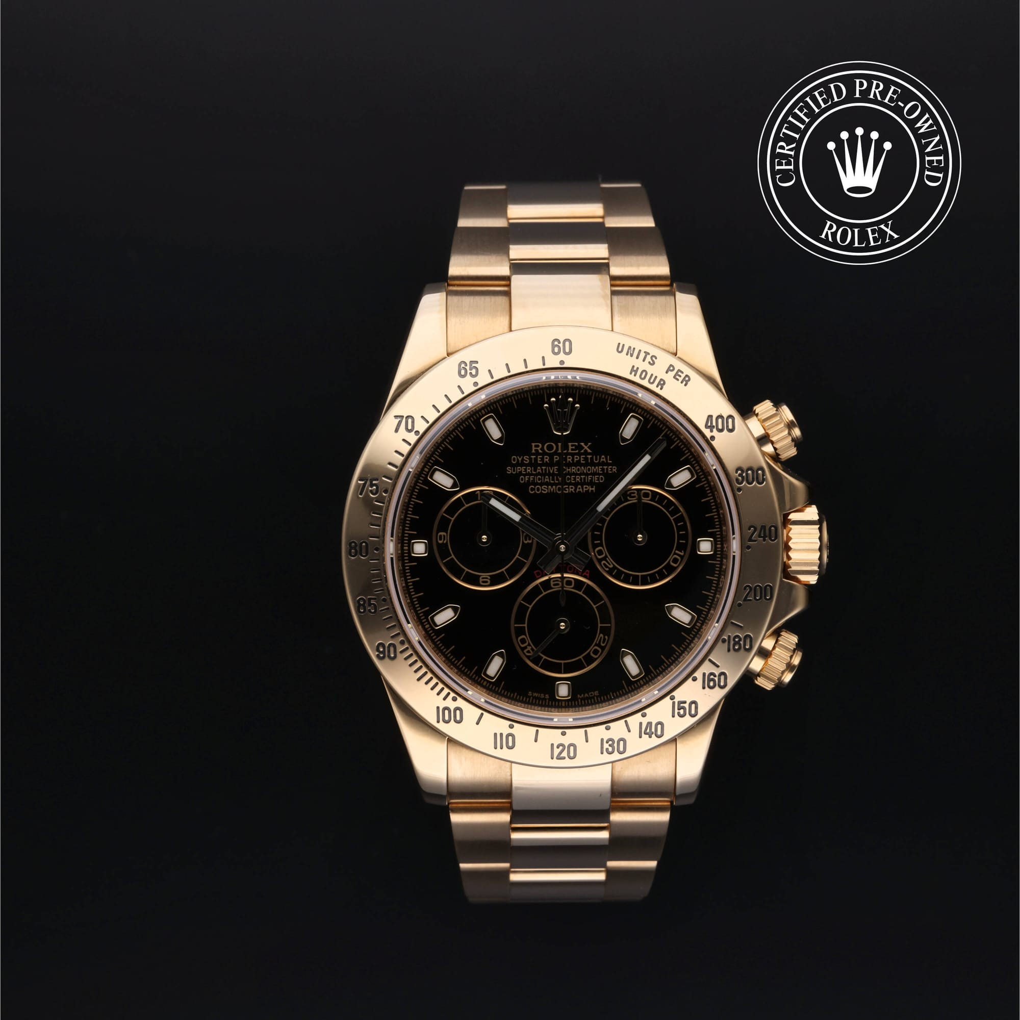 Rolex Certified Pre-Owned Oyster Perpetual Cosmograph Daytona in Gelbgold 18 Karat, 40 mm, mit Schwarz