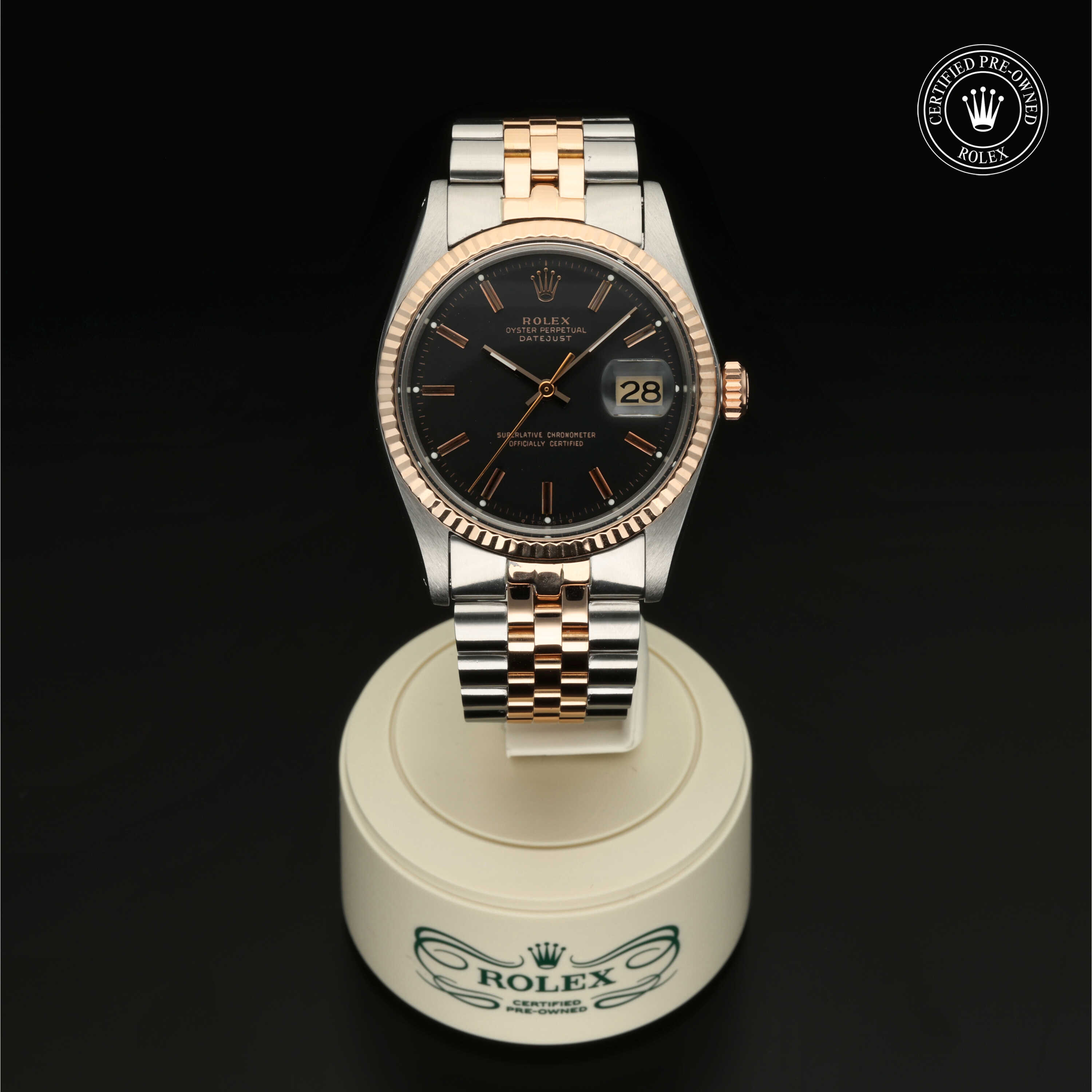 Rolex Certified Pre-Owned Oyster Perpetual Datejust 36 in Edelstahl Oystersteel und Roségold, 36 mm, mit Schwarz Index – Ansicht 1