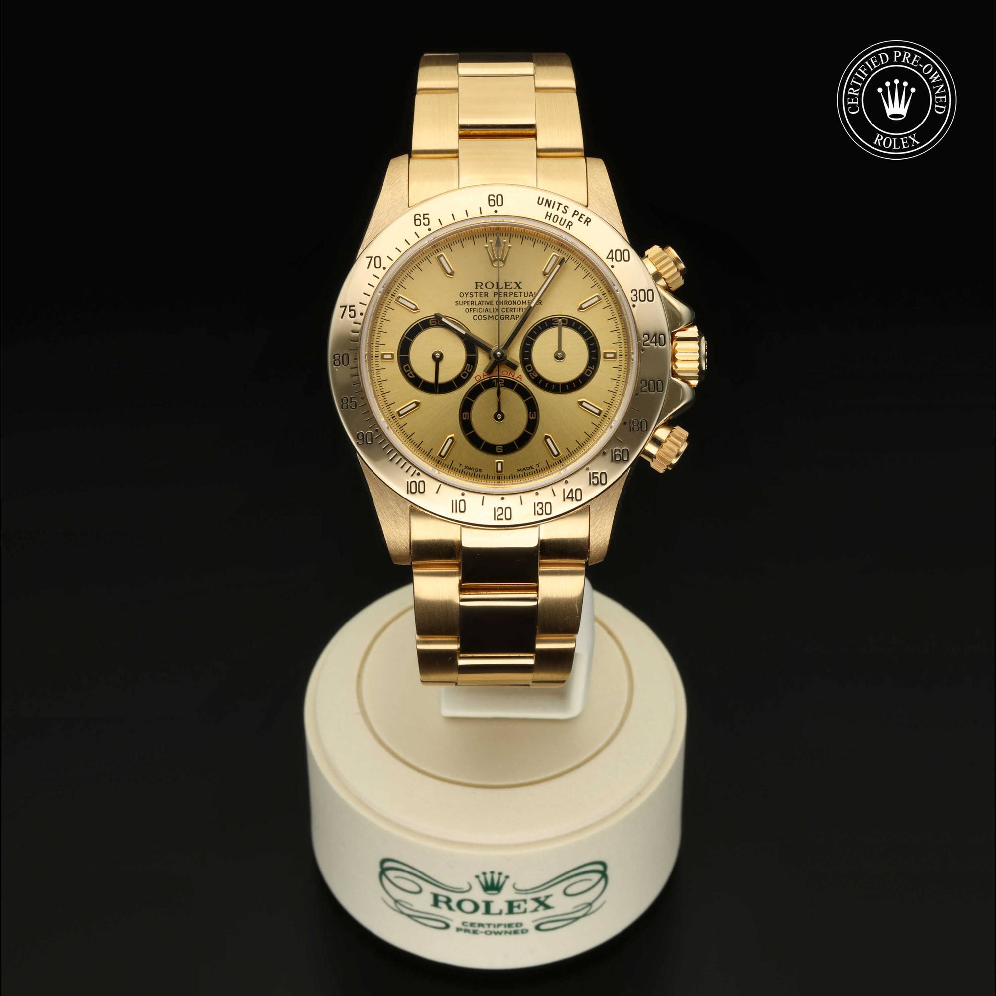 Rolex Certified Pre-Owned Oyster Perpetual Cosmograph Daytona in 18 Karat Gelbgold, 40 mm, mit Champagnerfarben, Indexe – Ansicht 1